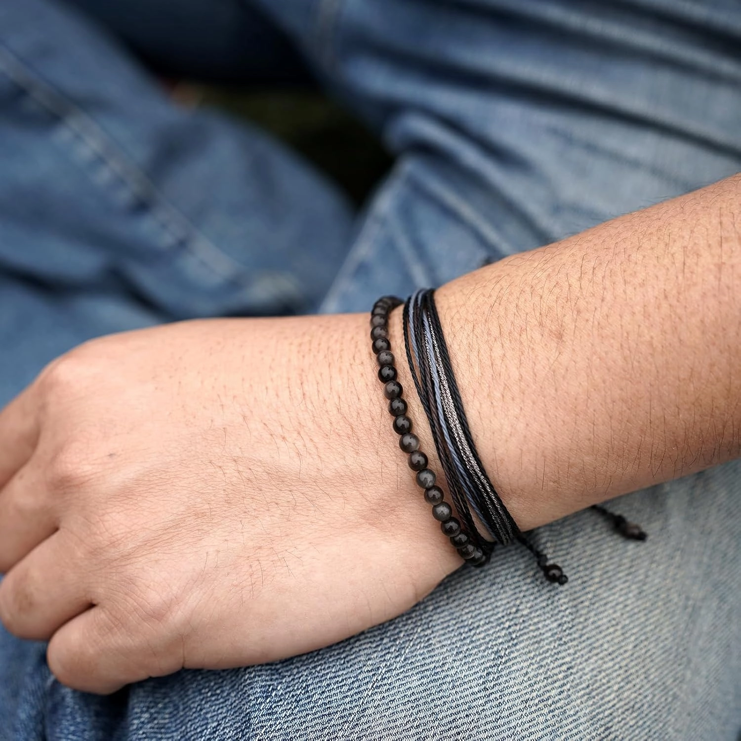 Mezcla Vida Natural Stone Beaded Bracelets for Men Women Unisex Adjustable Waterproof Rope Bracelets Set Valentine's Day Birthday Gifts for Boyfriend Husband Him (Silver Obsidian)