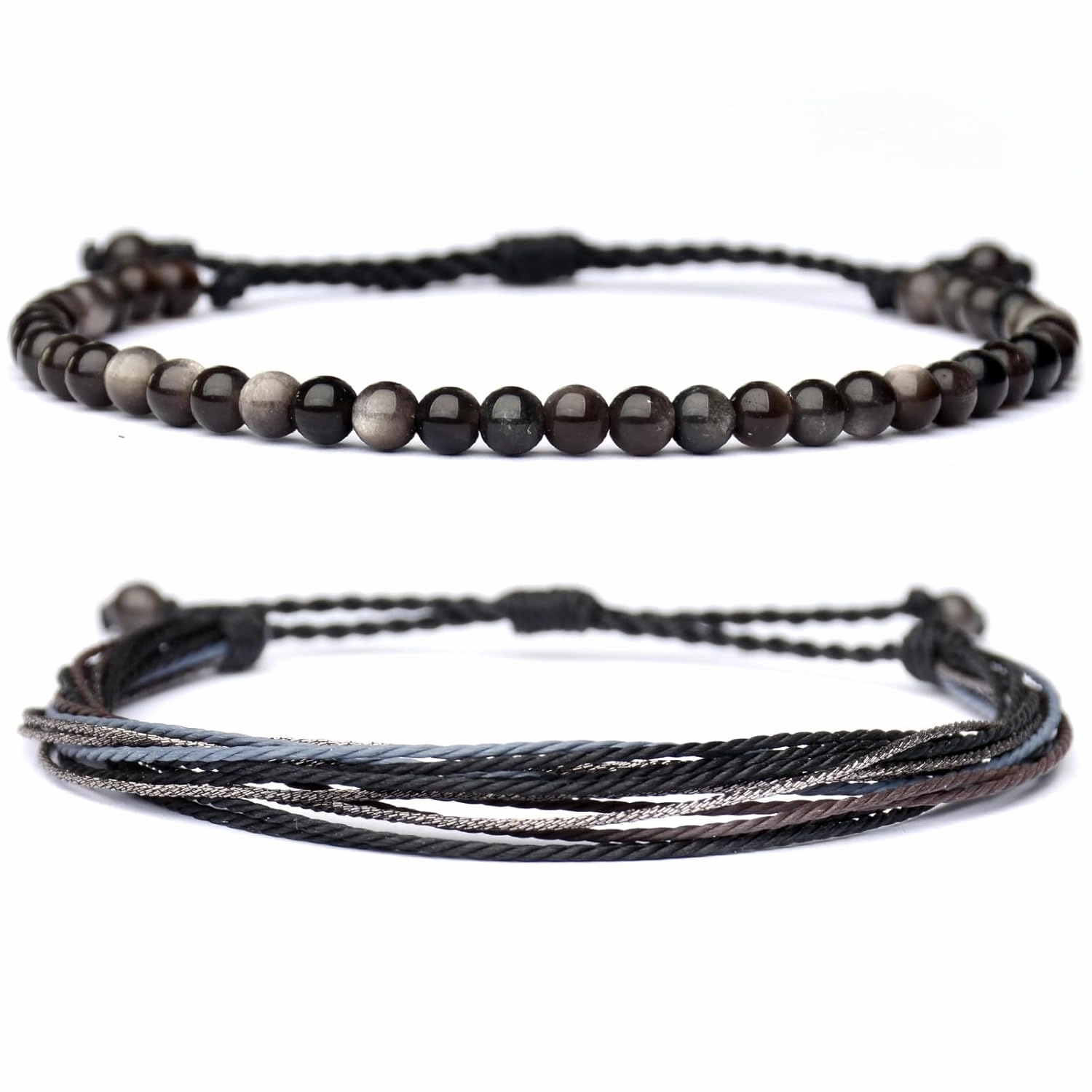 Mezcla Vida Natural Stone Beaded Bracelets for Men Women Unisex Adjustable Waterproof Rope Bracelets Set Valentine's Day Birthday Gifts for Boyfriend Husband Him (Silver Obsidian)