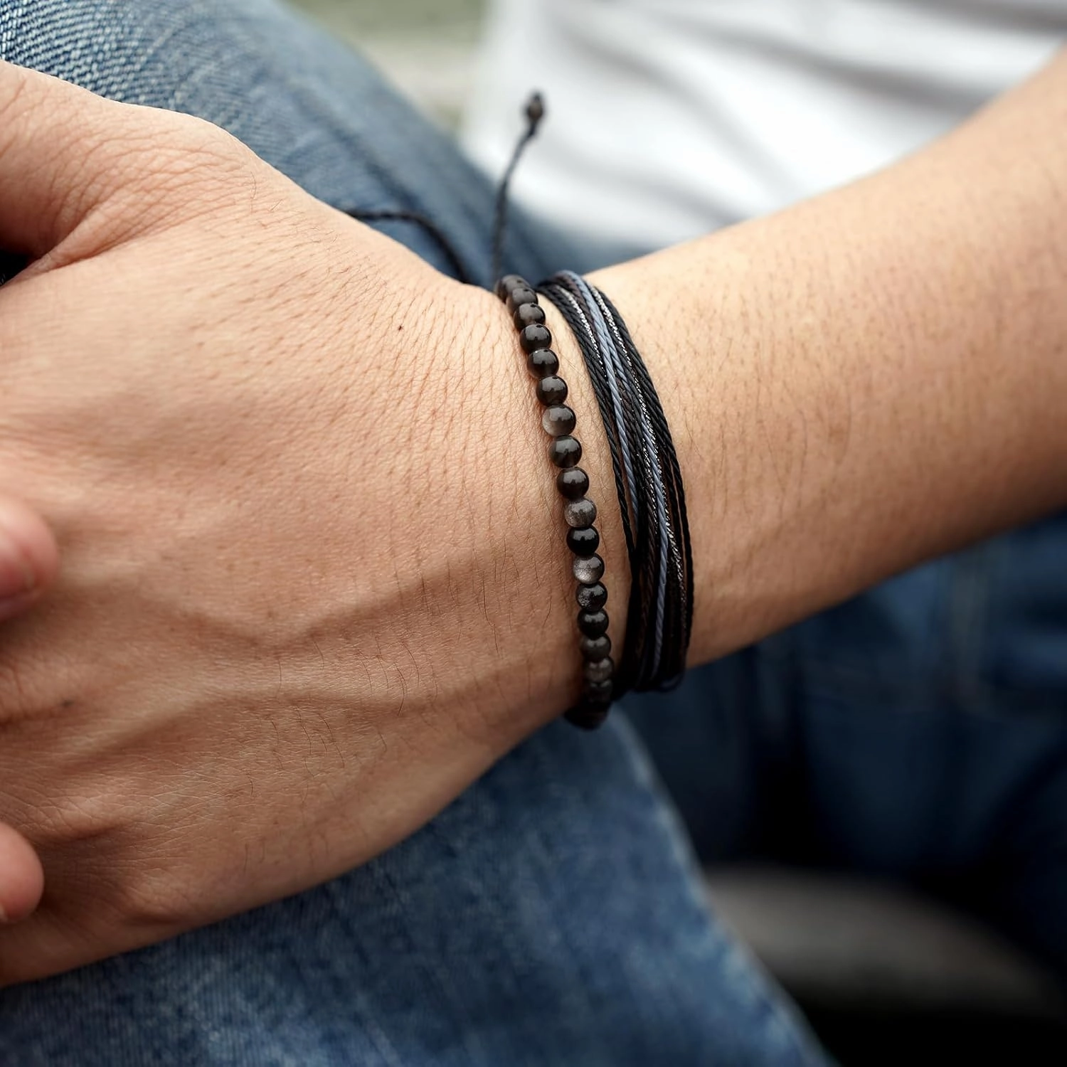 Mezcla Vida Natural Stone Beaded Bracelets for Men Women Unisex Adjustable Waterproof Rope Bracelets Set Valentine's Day Birthday Gifts for Boyfriend Husband Him (Silver Obsidian)