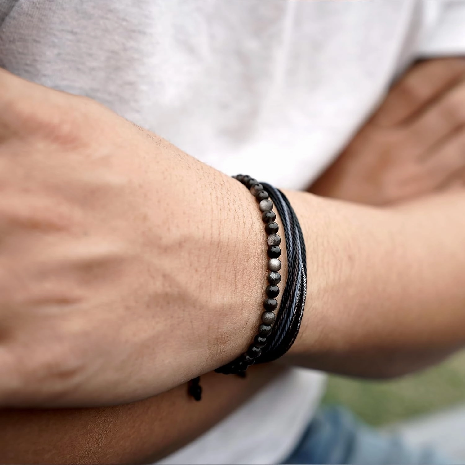 Mezcla Vida Natural Stone Beaded Bracelets for Men Women Unisex Adjustable Waterproof Rope Bracelets Set Valentine's Day Birthday Gifts for Boyfriend Husband Him (Silver Obsidian)