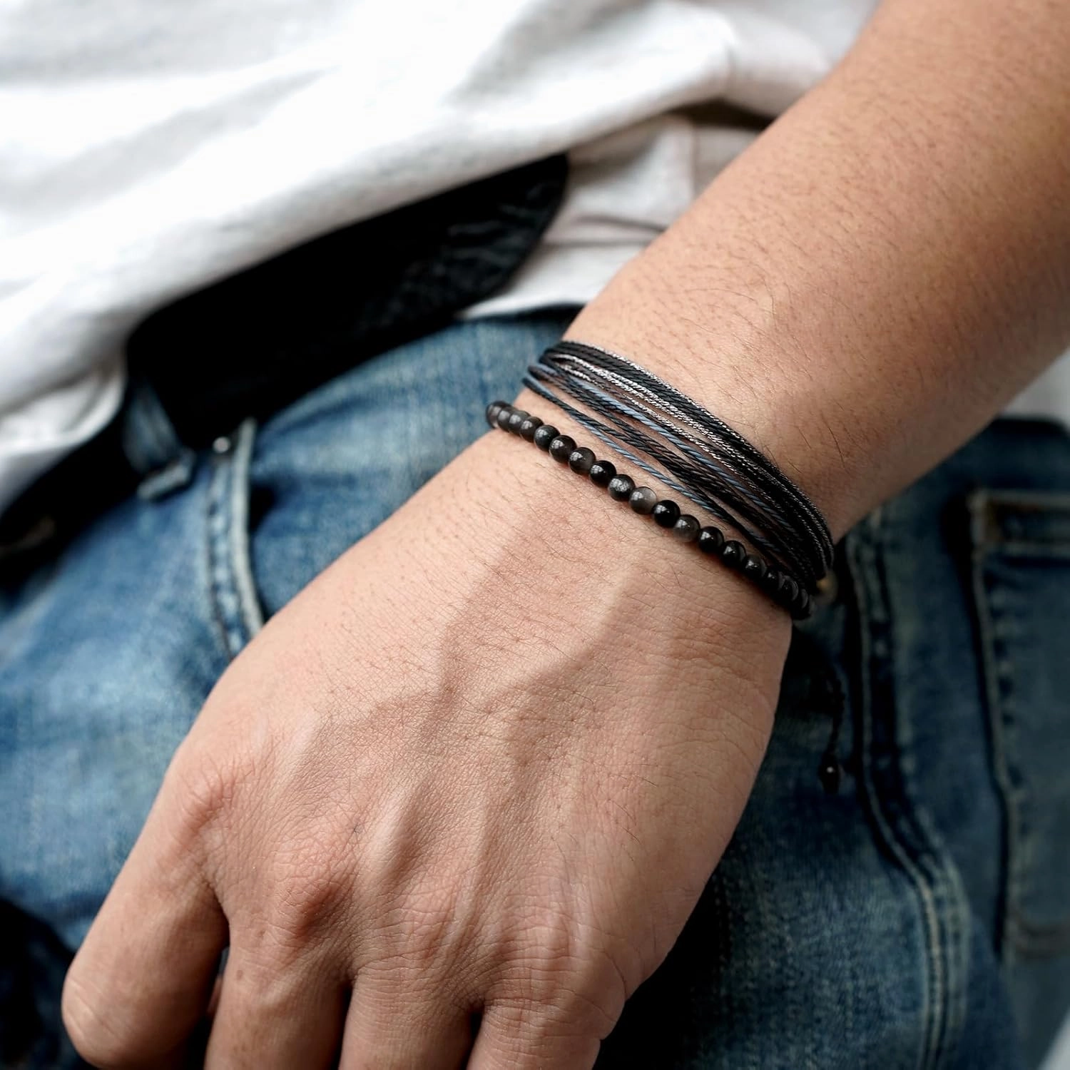 Mezcla Vida Natural Stone Beaded Bracelets for Men Women Unisex Adjustable Waterproof Rope Bracelets Set Valentine's Day Birthday Gifts for Boyfriend Husband Him (Silver Obsidian)
