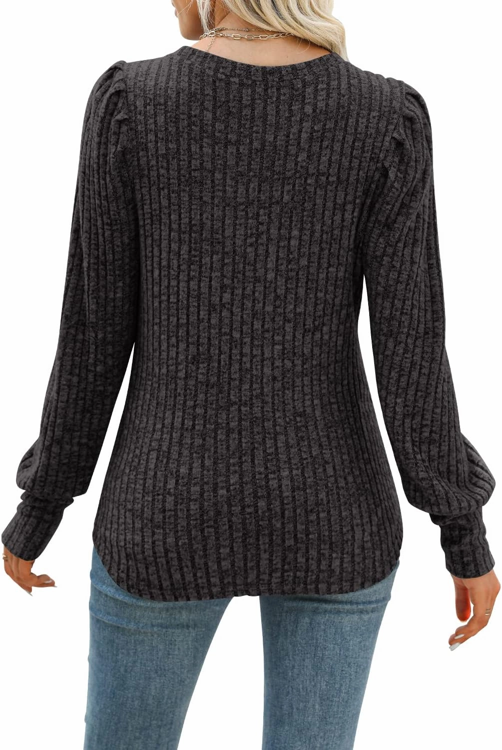 MIHOLL Women's Puff Long Sleeve Shirts Casual Knit Blouses Crew Neck Elegant Tunic Tops