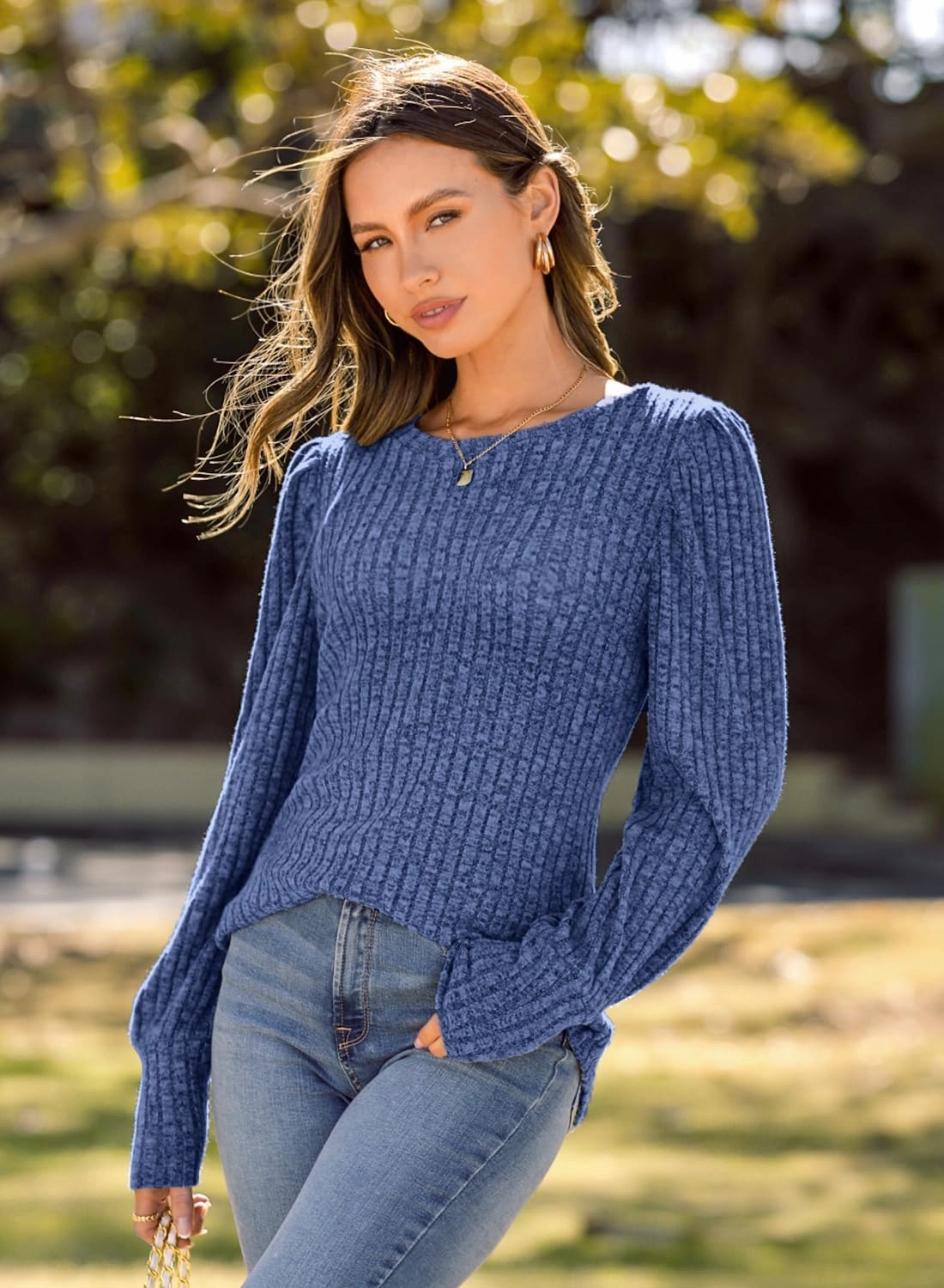 MIHOLL Women's Puff Long Sleeve Shirts Casual Knit Blouses Crew Neck Elegant Tunic Tops