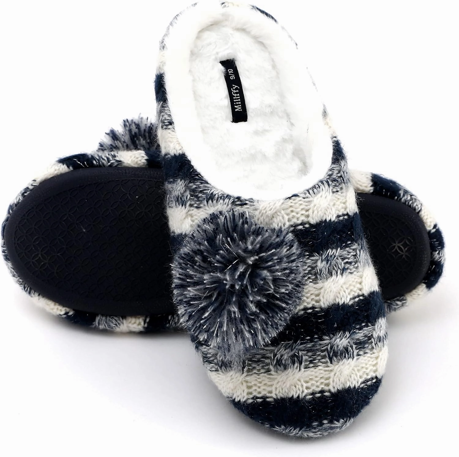 Millffy Women's Knitted Slippers Memory Foam Fuzzy pom Ball Hosue Bedroom Ladies Girls Jelly Slides