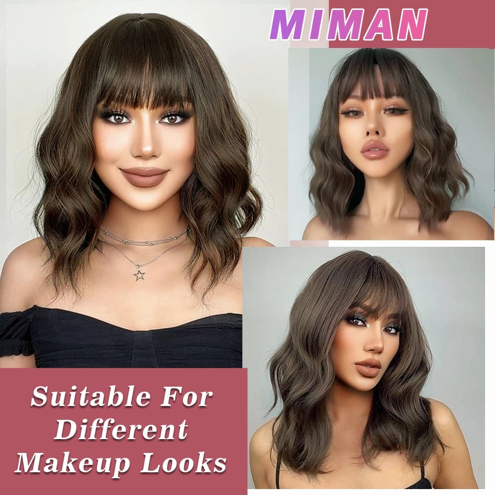 MIMAN 14 Inch Short Brown Curly Wavy Bob Wig for Women Shoulder Length Curly Wigs with Bangs Natural Looking Synthetic Hair Replacement Wig for Daily Party Halloween Costume Cosplay Wigs