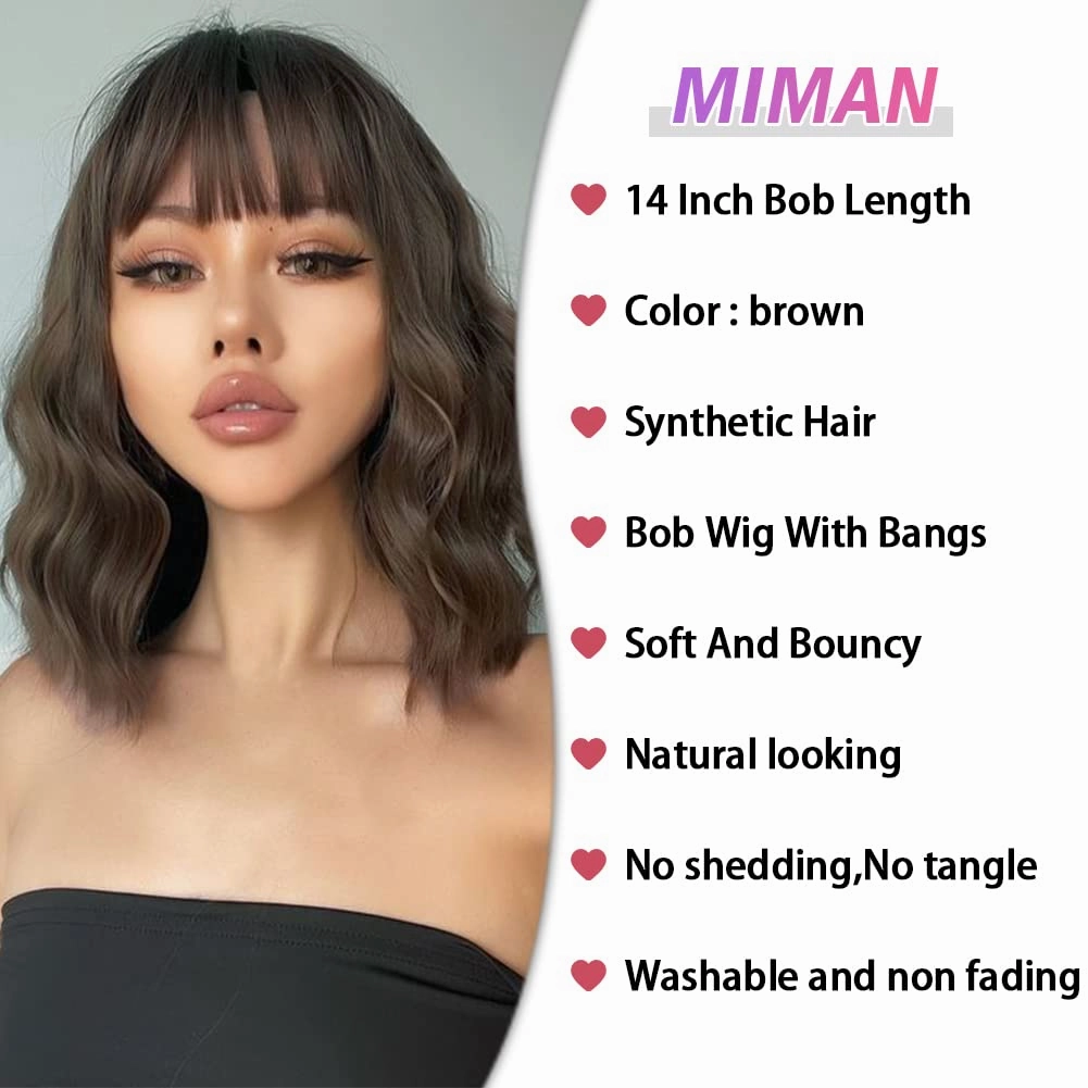 MIMAN 14 Inch Short Brown Curly Wavy Bob Wig for Women Shoulder Length Curly Wigs with Bangs Natural Looking Synthetic Hair Replacement Wig for Daily Party Halloween Costume Cosplay Wigs