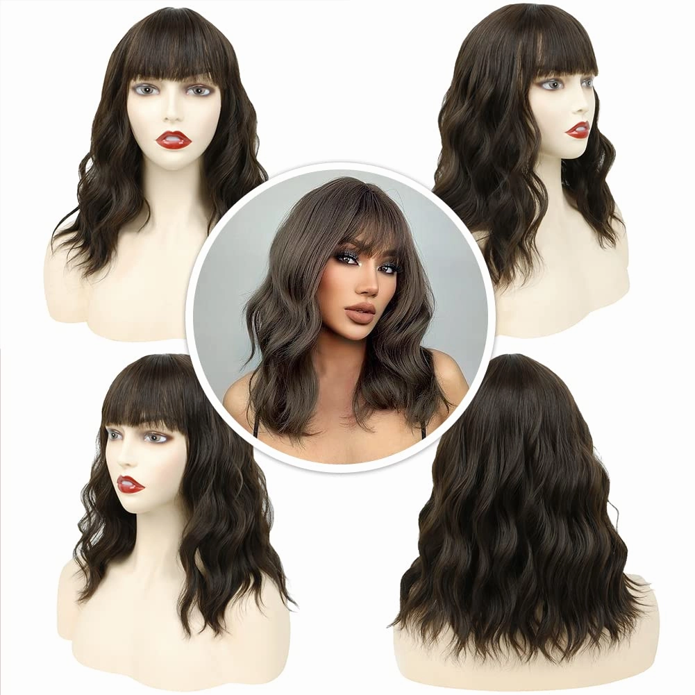MIMAN 14 Inch Short Brown Curly Wavy Bob Wig for Women Shoulder Length Curly Wigs with Bangs Natural Looking Synthetic Hair Replacement Wig for Daily Party Halloween Costume Cosplay Wigs