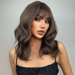 MIMAN 14 Inch Short Brown Curly Wavy Bob Wig for Women Shoulder Length Curly Wigs with Bangs Natural Looking Synthetic Hair Replacement Wig for Daily Party Halloween Costume Cosplay Wigs