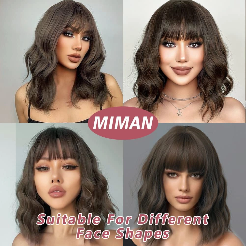 MIMAN 14 Inch Short Brown Curly Wavy Bob Wig for Women Shoulder Length Curly Wigs with Bangs Natural Looking Synthetic Hair Replacement Wig for Daily Party Halloween Costume Cosplay Wigs