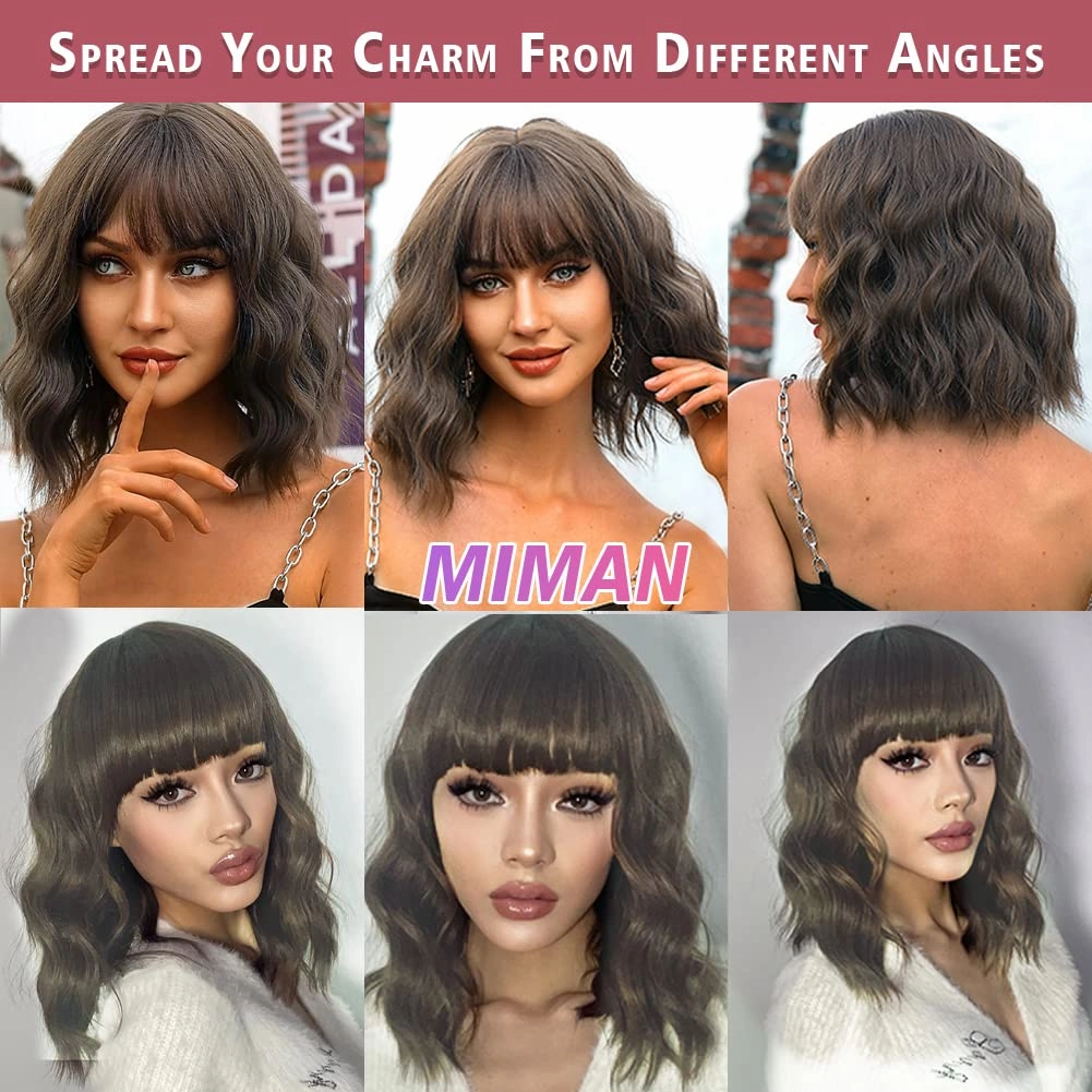MIMAN 14 Inch Short Brown Curly Wavy Bob Wig for Women Shoulder Length Curly Wigs with Bangs Natural Looking Synthetic Hair Replacement Wig for Daily Party Halloween Costume Cosplay Wigs