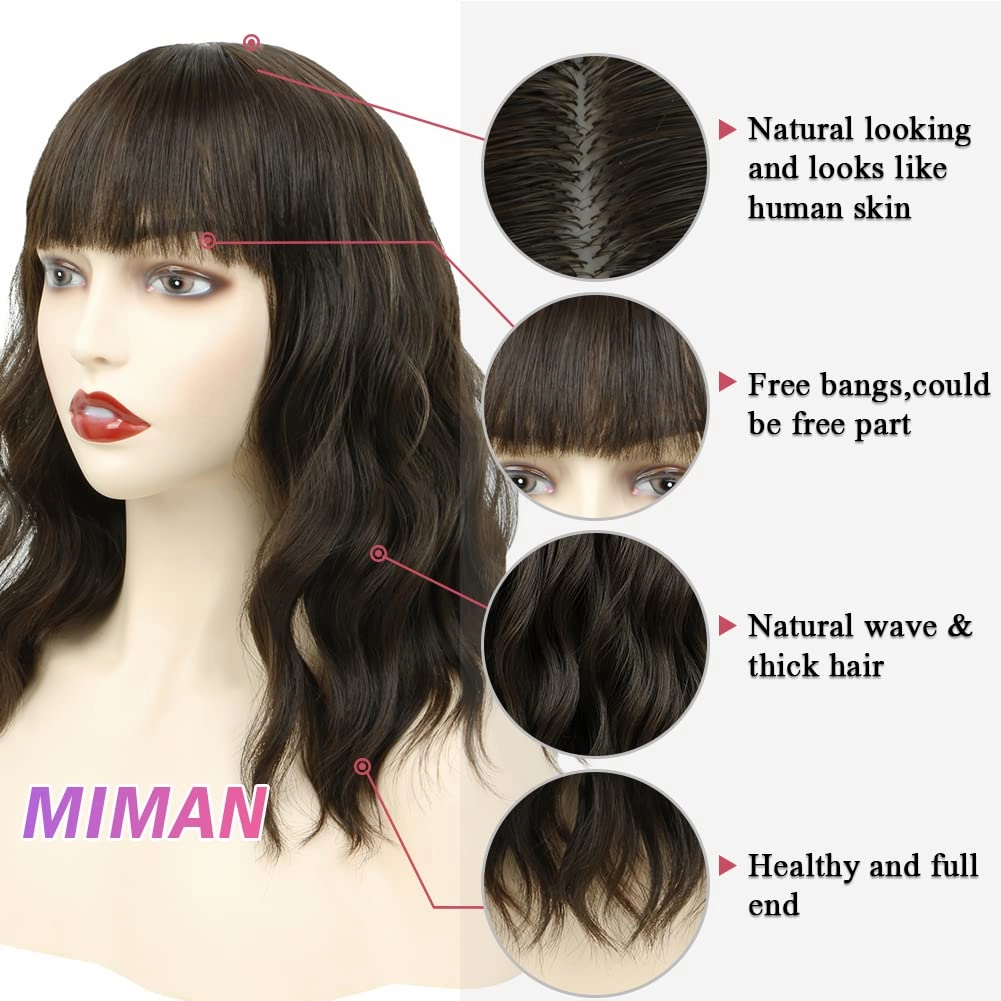 MIMAN 14 Inch Short Brown Curly Wavy Bob Wig for Women Shoulder Length Curly Wigs with Bangs Natural Looking Synthetic Hair Replacement Wig for Daily Party Halloween Costume Cosplay Wigs