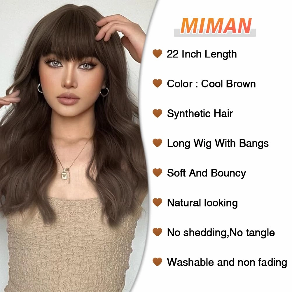 MIMAN 22 Inch Long Brown Curly Wavy Wigs with Bangs for Women Natural Looking Synthetic Heat Resistant Fiber Hair Wig for Daily Party Cosplay Halloween Costumes (Cool Brown Wig)