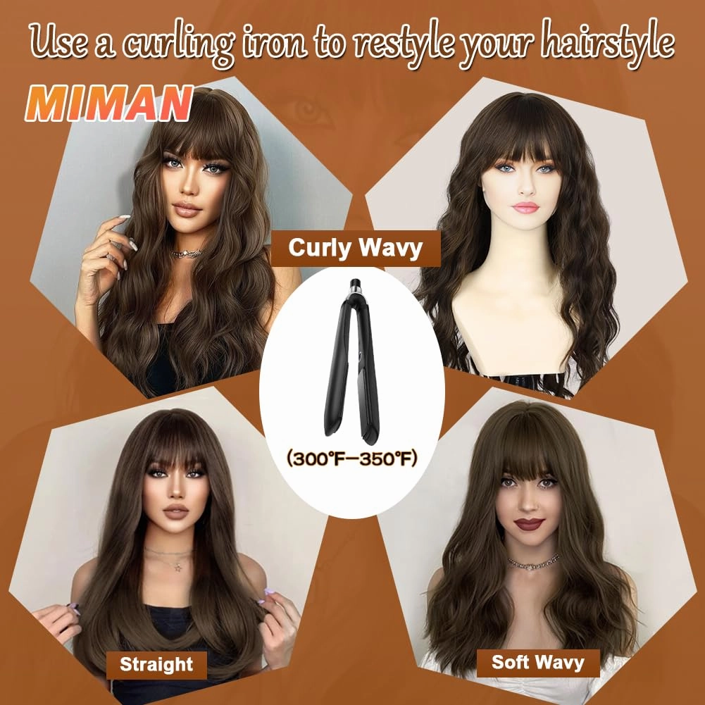 MIMAN 22 Inch Long Brown Curly Wavy Wigs with Bangs for Women Natural Looking Synthetic Heat Resistant Fiber Hair Wig for Daily Party Cosplay Halloween Costumes (Cool Brown Wig)