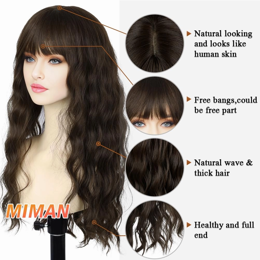 MIMAN 22 Inch Long Brown Curly Wavy Wigs with Bangs for Women Natural Looking Synthetic Heat Resistant Fiber Hair Wig for Daily Party Cosplay Halloween Costumes (Cool Brown Wig)