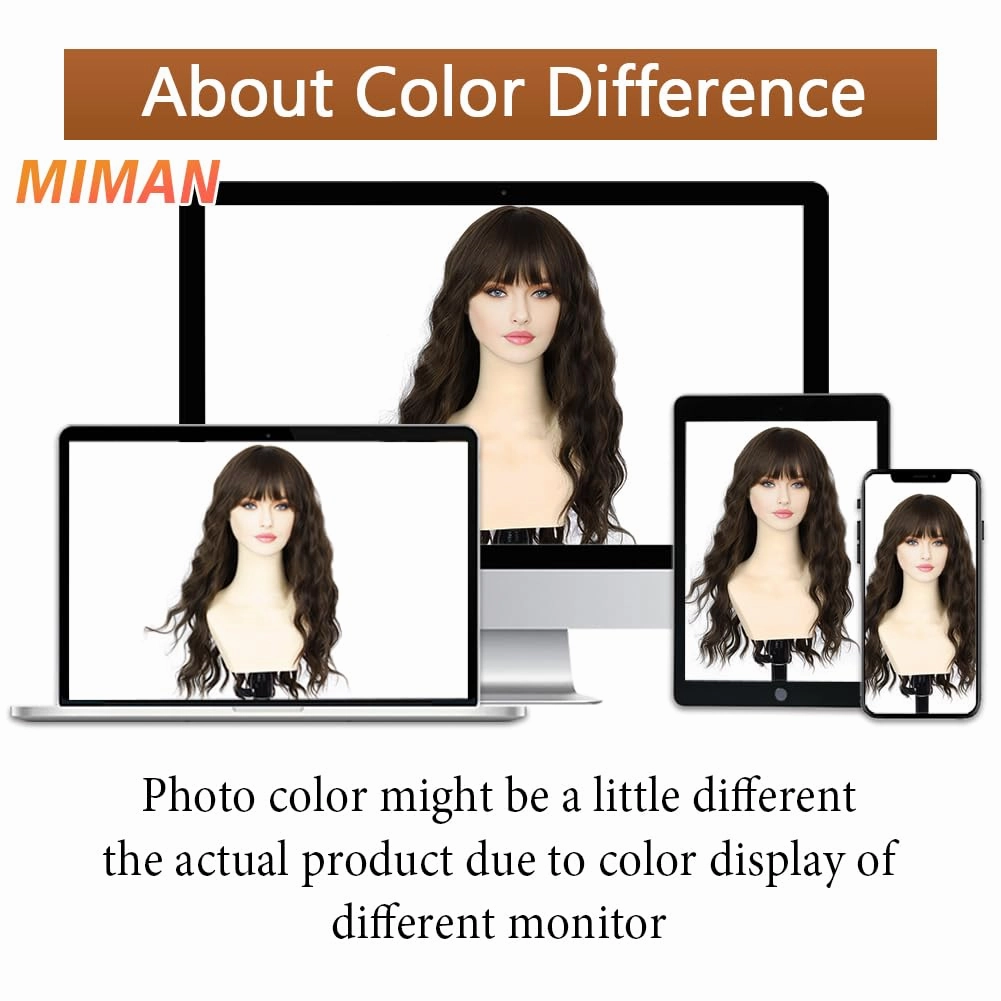 MIMAN 22 Inch Long Brown Curly Wavy Wigs with Bangs for Women Natural Looking Synthetic Heat Resistant Fiber Hair Wig for Daily Party Cosplay Halloween Costumes (Cool Brown Wig)