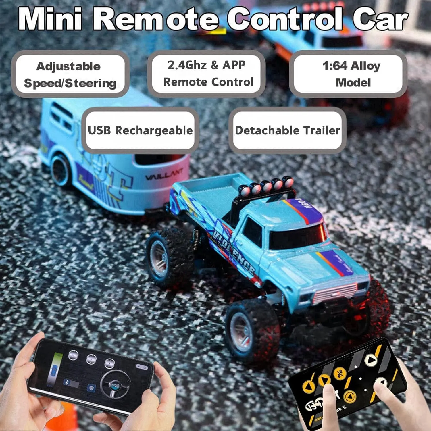 Mini RC Car, 1/64 Scale Mini Remote Control Monster Truck with Trailer, 2.4Ghz & APP Remote Control, Rechargeable Alloy Shell Mini RC Cars with Lights, Speed/Steering Adjustable (Orange)
