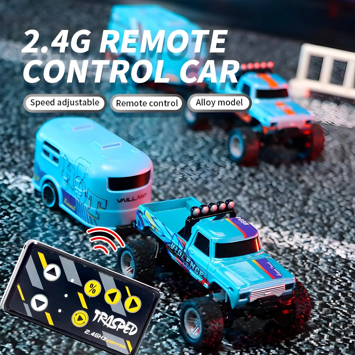 Mini Rc Truck, 1:64 Scale Monster Truck Remote Control Car with Lights, 2.4Ghz Remote Control, Speed/Steering Adjustable (Blue-A)