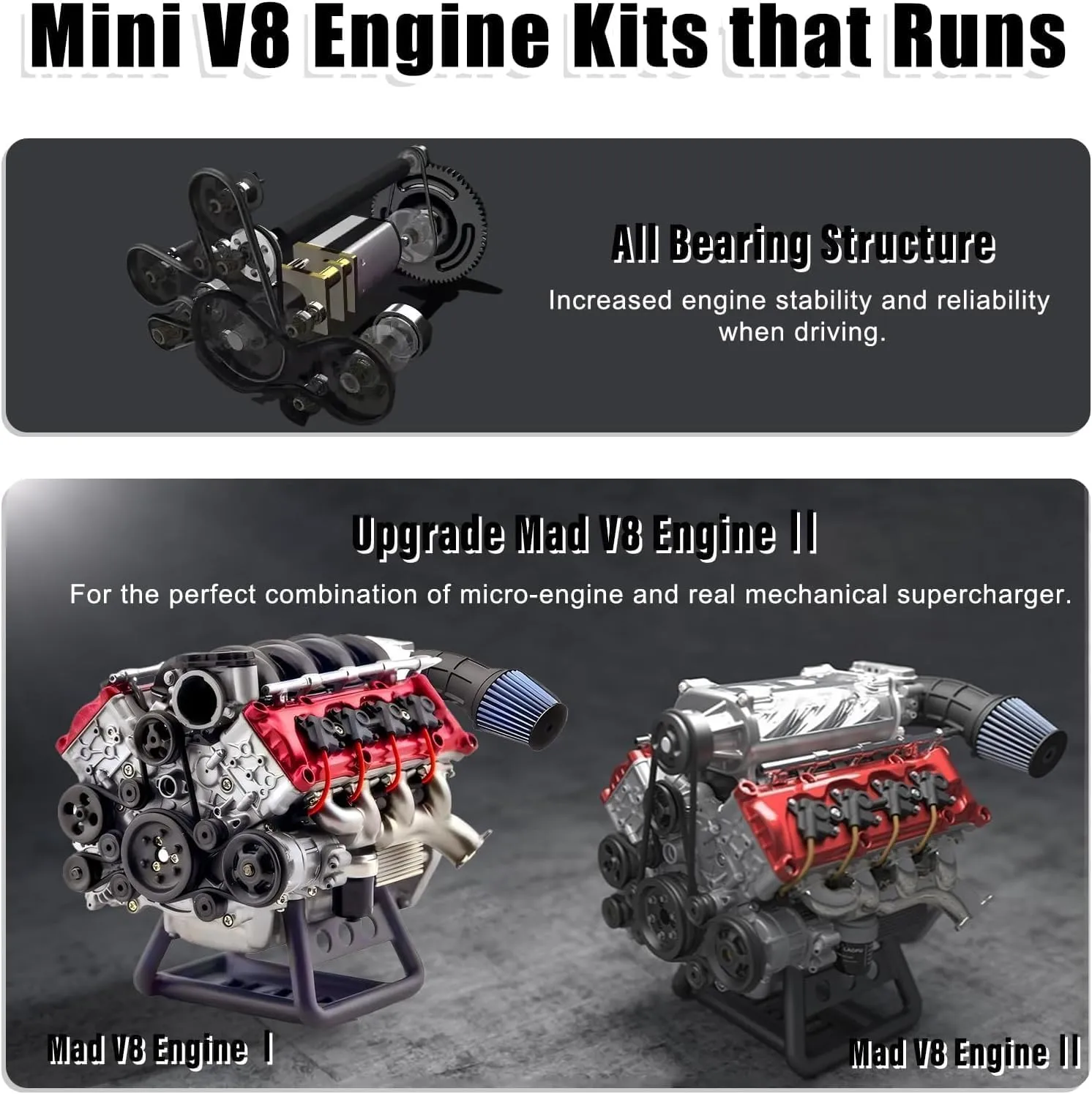 Mini V8 Engine Kits That Runs, MAD Small Engine Kit for Adults to Build V8 Engines Suit for RC Cars AX90104 SCX10Ⅱ Capra VS4-10 Pro/Ultra, High Simulation Educational Toy (V8 Engine)