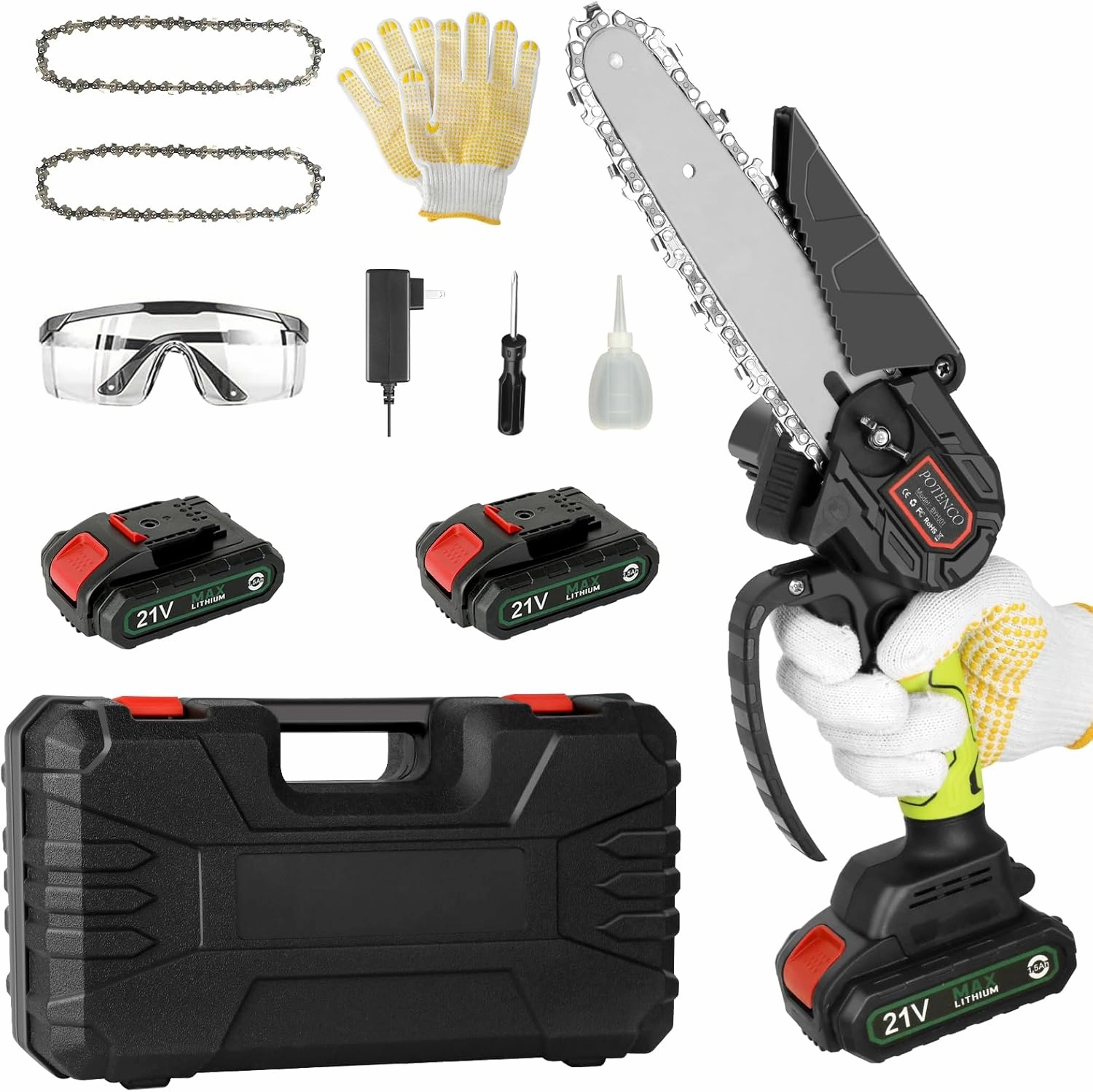 Mini Chainsaw, Small Handheld Power Chain Saws, Powered Mini Chainsaws Cordless with Security Lock and 2 Battery, 4-Inch Electric Chainsaw for Tree Branch Wood Cutting (Green)