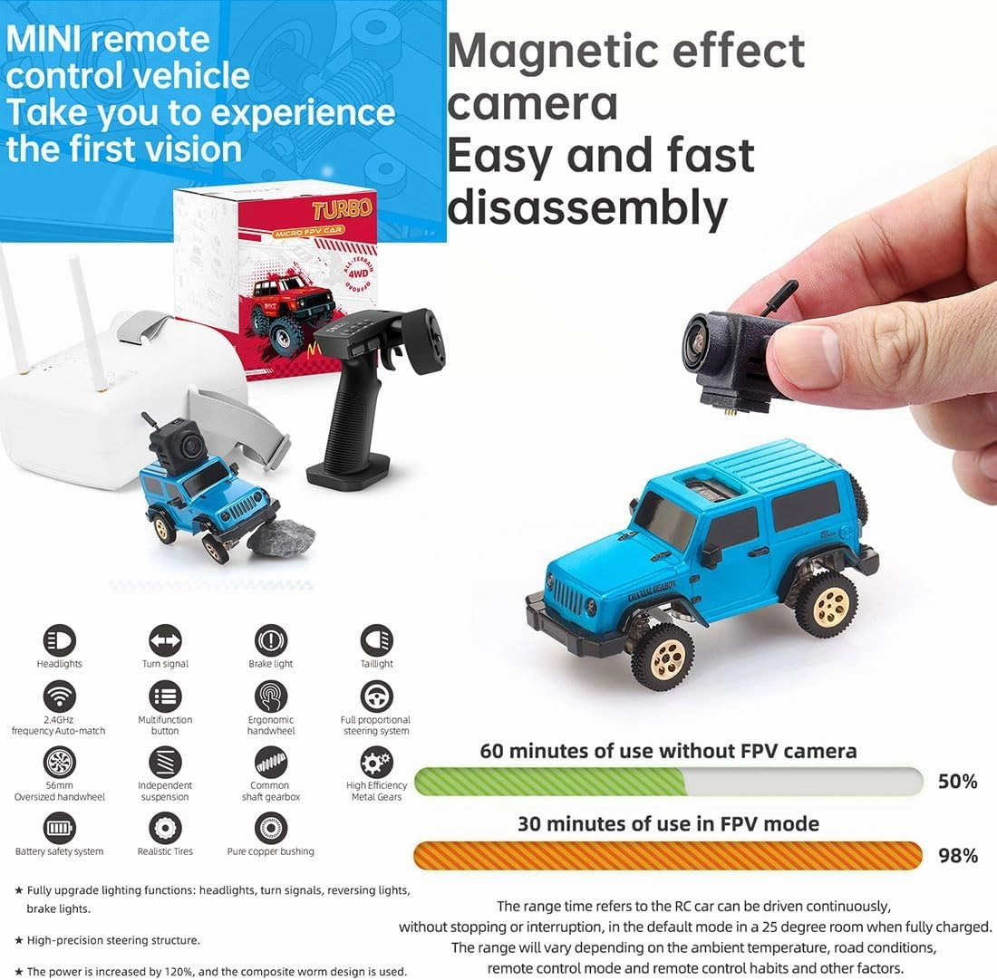 Mini Off-Road Vehicle with FPV Camera, 1/64 Scale 2.4G Full Proportional RC Electric 4WD Climbing Car Remote Control Drift Car Gift (FPV Goggles Version)