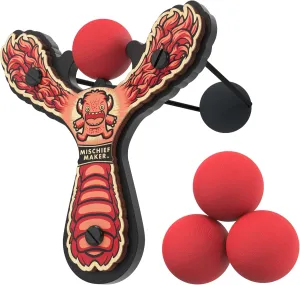Mischief Maker® Wooden Slingshot - Lil’ Monster Series - Real Wood Slingshot for Kids, 4 Soft Foam Balls and Storage Bag - Ages 4  (red)