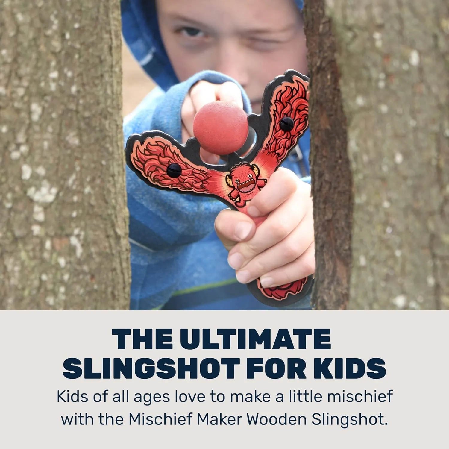 Mischief Maker® Wooden Slingshot - Lil’ Monster Series - Real Wood Slingshot for Kids, 4 Soft Foam Balls and Storage Bag - Ages 4  (red)