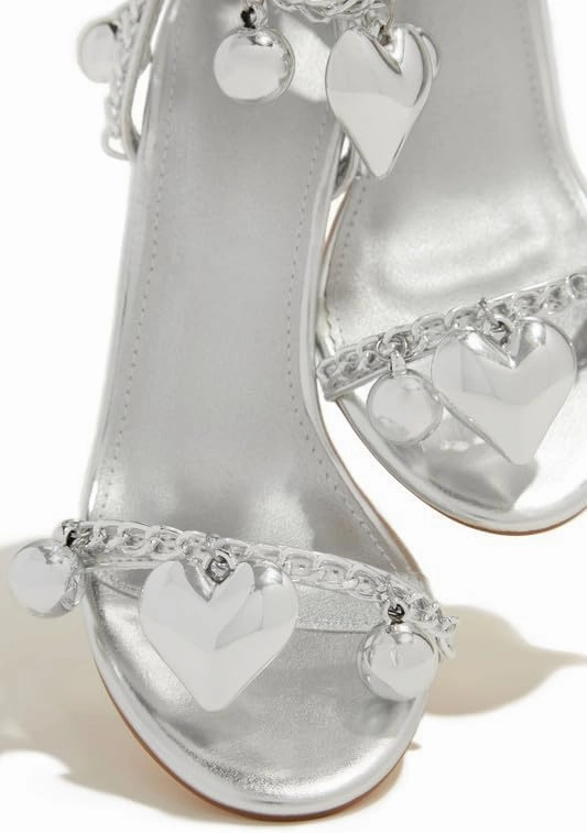MissHeel Metallic Heels with Heart and Ball Pendants Ankle Strap Open Toe Sandals