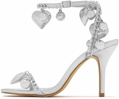 MissHeel Metallic Heels with Heart and Ball Pendants Ankle Strap Open Toe Sandals