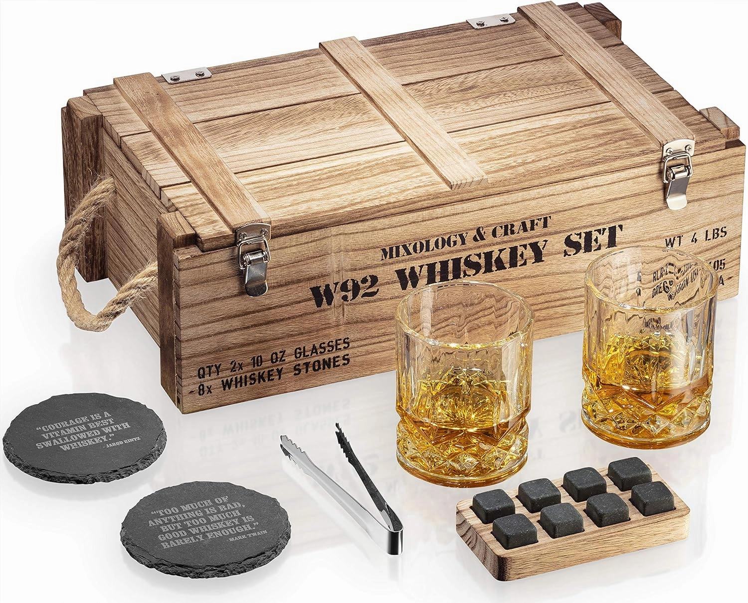 Mixology & Craft Whiskey Stones Gift Set, Whiskey Glass and Stones Set with Wooden Army Crate, 8 Granite Whiskey Rocks Chilling Stones and 10oz Whiskey Glasses, Whiskey Gift for Men, Dad, Husband