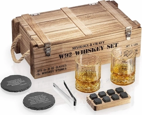 Mixology & Craft Whiskey Stones Gift Set, Whiskey Glass and Stones Set with Wooden Army Crate, 8 Granite Whiskey Rocks Chilling Stones and 10oz Whiskey Glasses, Whiskey Gift for Men, Dad, Husband