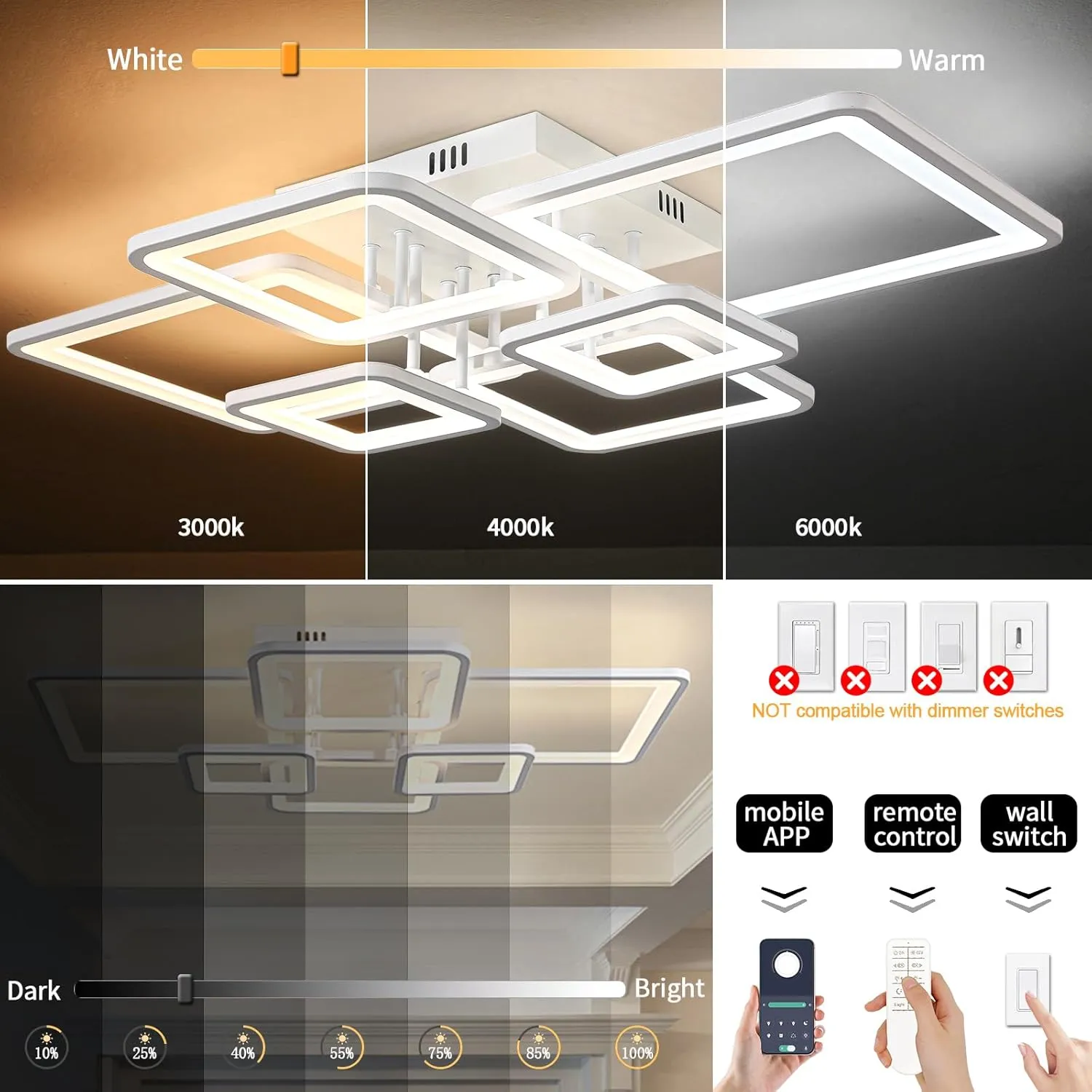 Modern LED Ceiling Lights for Bedroom Dimmable Modern 6 Ring Square Ceiling Lights for Living Room with Remote Control White Bedroom Ceiling Lamp Fixures for Kitchen,Bathroom,Balcony