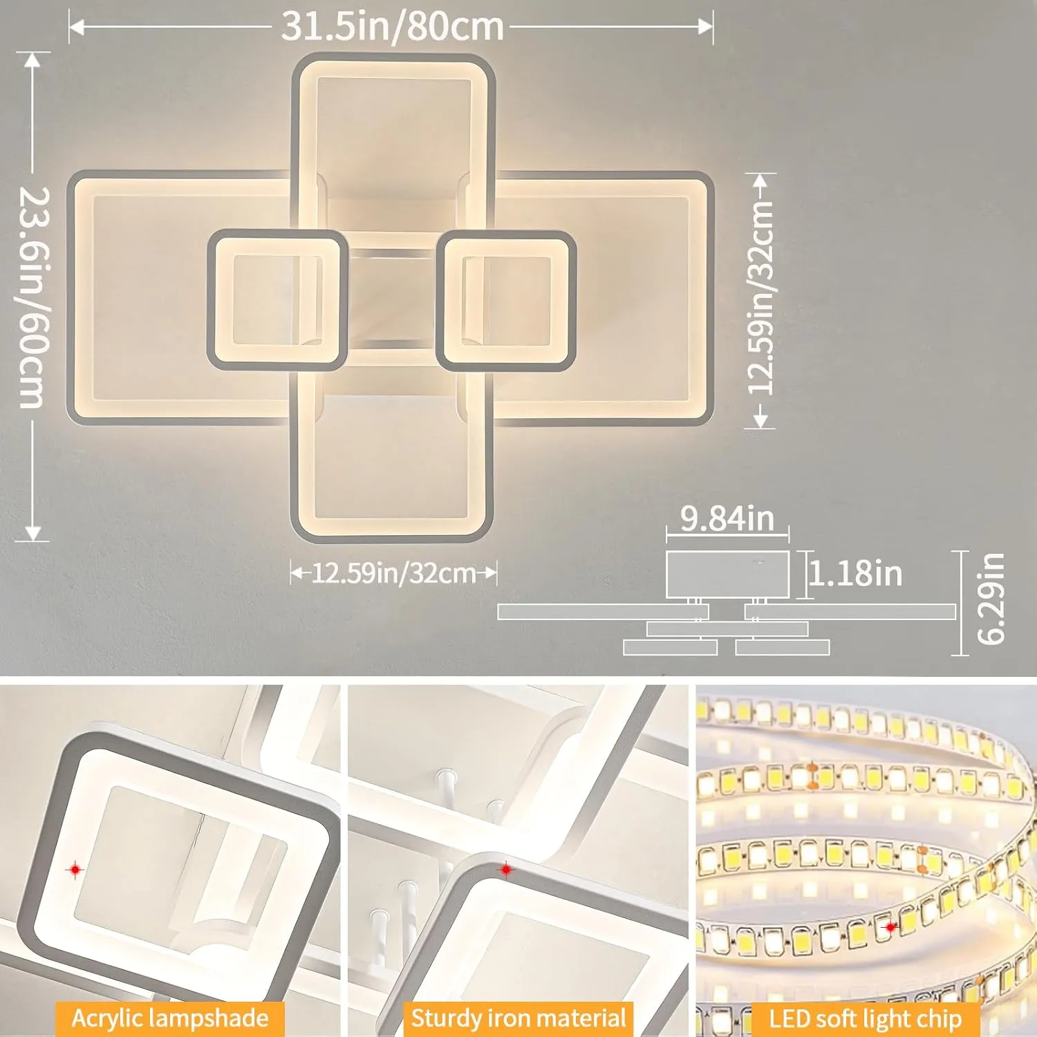 Modern LED Ceiling Lights for Bedroom Dimmable Modern 6 Ring Square Ceiling Lights for Living Room with Remote Control White Bedroom Ceiling Lamp Fixures for Kitchen,Bathroom,Balcony