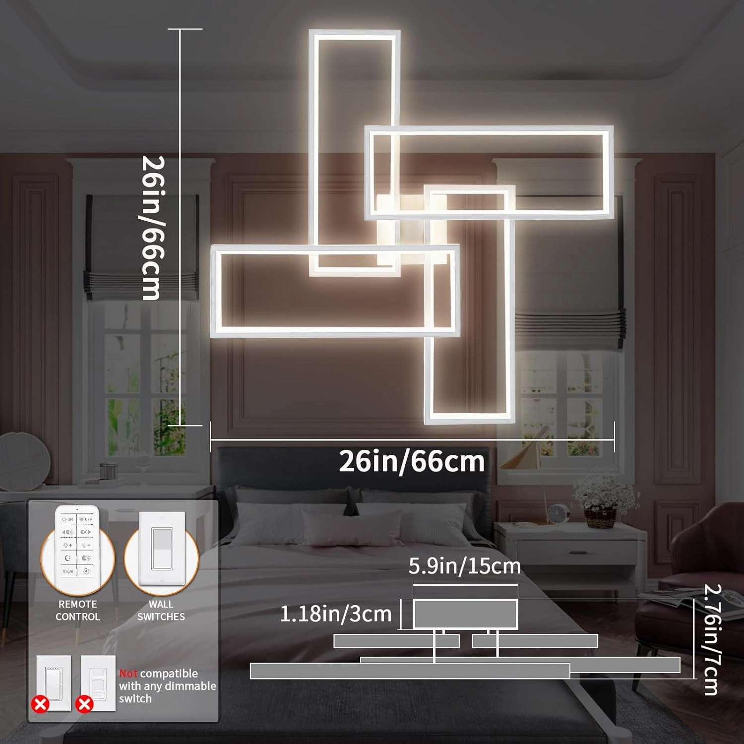 Modern LED Ceiling Light Fixture White Flush Mount Ceiling Light Dimmable 26" Bedroom Lights for Ceiling with Remote Control 48W Kitchen Ceiling Light Fixtures for Hallway 3000K-6000K