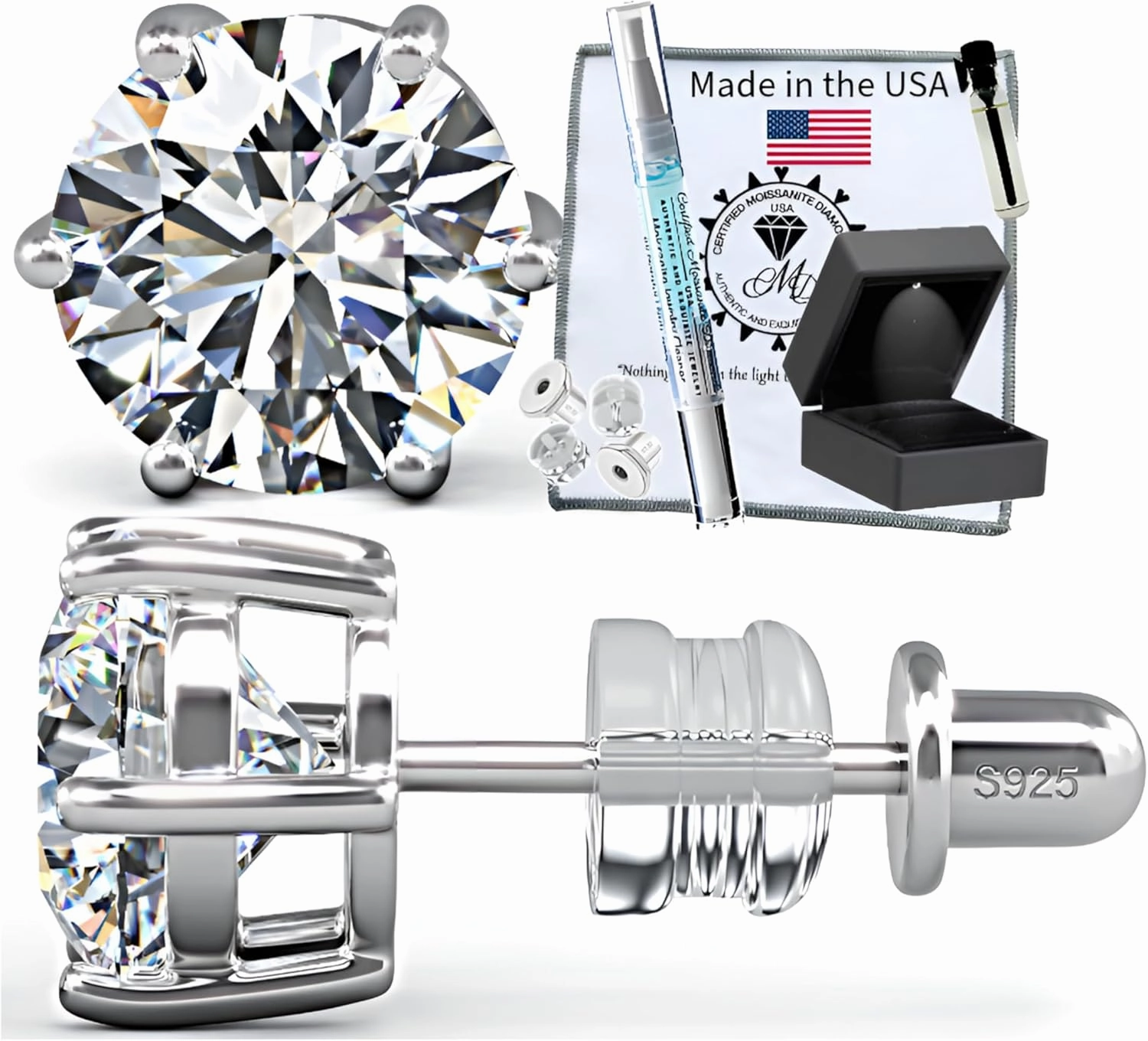Moissanite Stud Earrings No Poke Screw Back, 4 or 6 Prong Hypoallergenic, Brilliant Round Cut, 18K White Gold-Filled Vermeil, Lab Grown D Color VVS1 Clarity, GRA Certified & Engraved, Ready to Gift