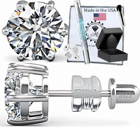 Moissanite Stud Earrings No Poke Screw Back, 4 or 6 Prong Hypoallergenic, Brilliant Round Cut, 18K White Gold-Filled Vermeil, Lab Grown D Color VVS1 Clarity, GRA Certified & Engraved, Ready to Gift