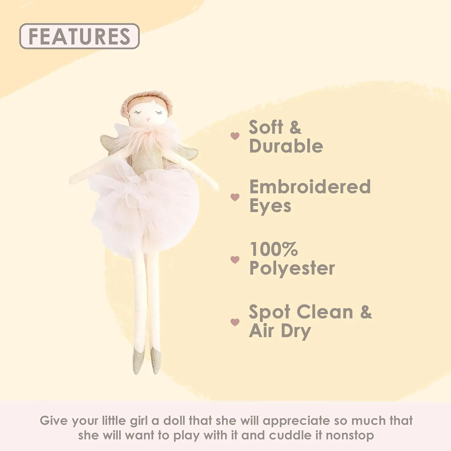 MON AMI Angel Stuffed Doll - 15", Soft Elegant Plush Doll for Little Girls, Use as Toy or Room Decor