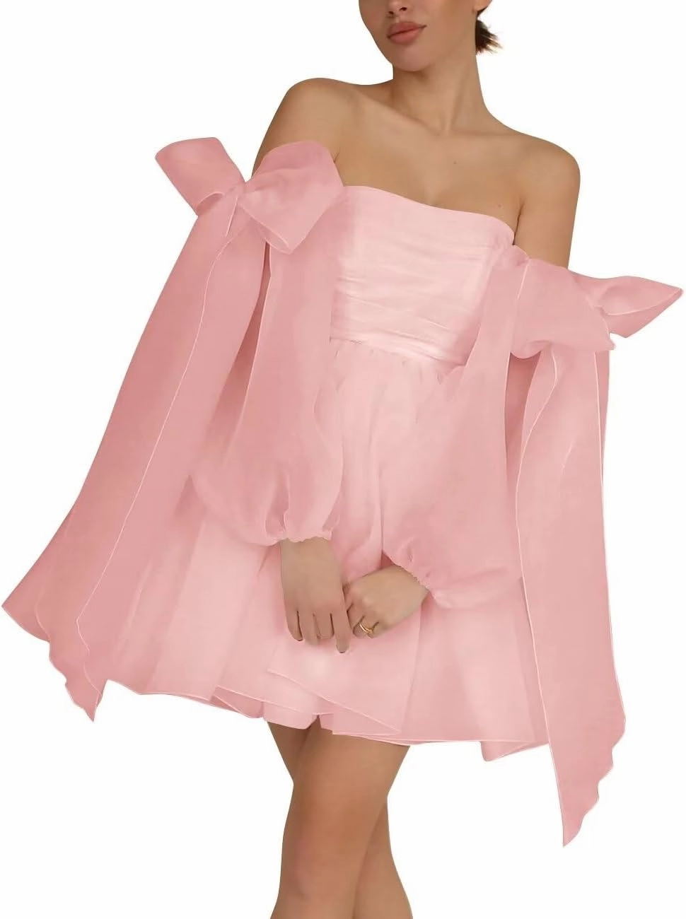 Monlity Off The Shoulder Organza Homecoming Dresses Bow Tie Long Sleeve Prom Dresses Short A-Line Formal Cocktail Party Gown