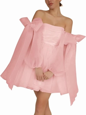 Monlity Off The Shoulder Organza Homecoming Dresses Bow Tie Long Sleeve Prom Dresses Short A-Line Formal Cocktail Party Gown