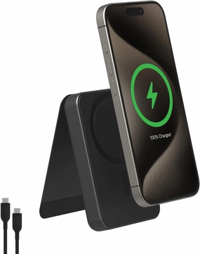 mophie Snap  Powerstation Mini with Stand - 5000mAh,15W Qi2 Magnetic Wireless Charger, Portable, Compatible with MagSafe & Qi-Enabled Smartphones, with Kickstand, USB C to USB C Cable Included, Black