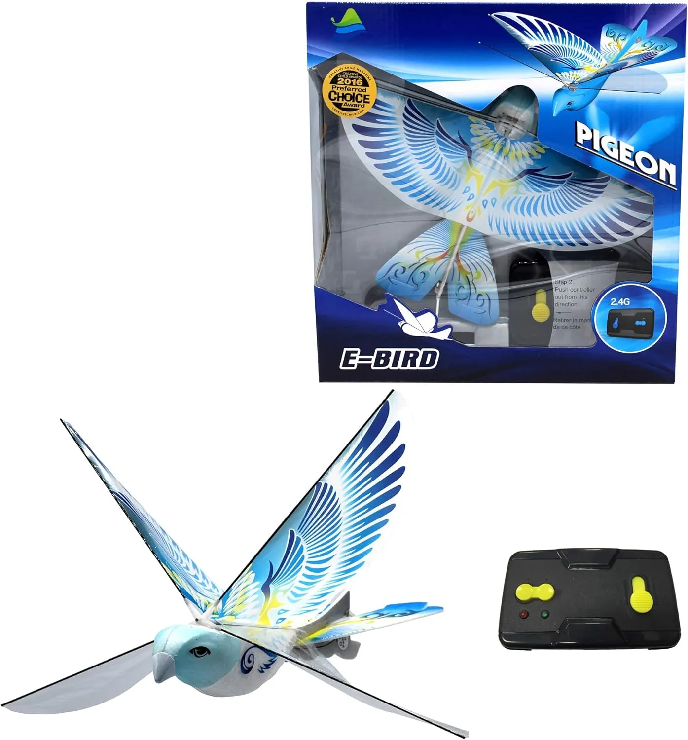 MUKIKIM eBird Blue Pigeon - Flying RC Bird Toy for Kids. Indoor/Outdoor Remote Control Bionic Flapping Wings Bird Helicopter. USB Recharging