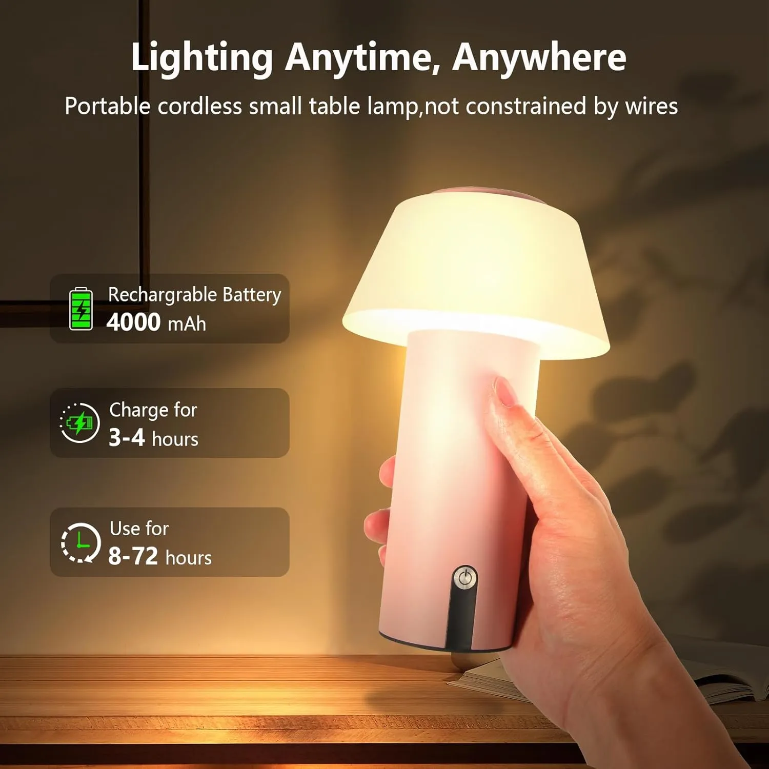 Mushroom-shaped Table Lamp, Waterproof, Battery Operated, Rechargeable, Touch Dimming, LED, Pink