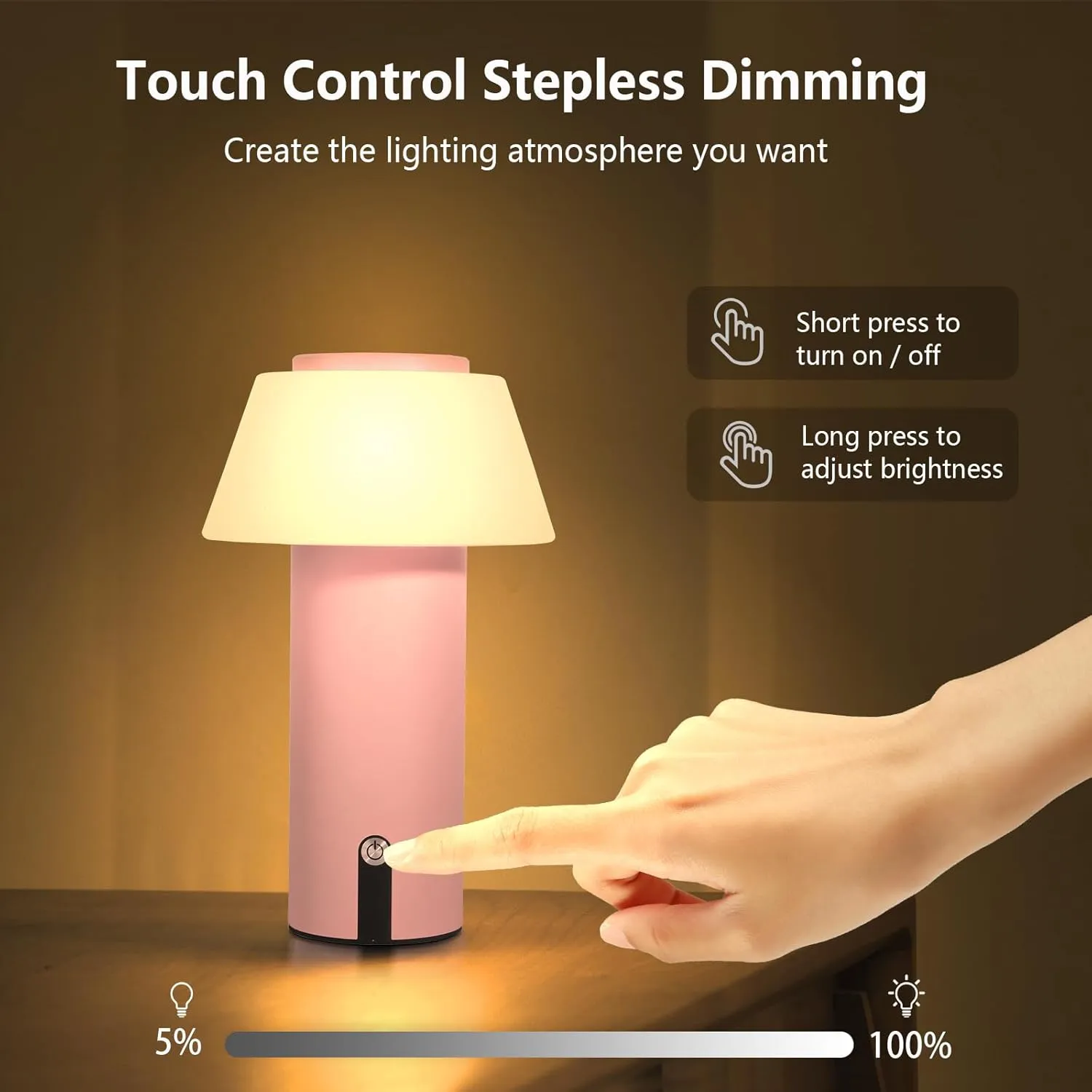 Mushroom-shaped Table Lamp, Waterproof, Battery Operated, Rechargeable, Touch Dimming, LED, Pink