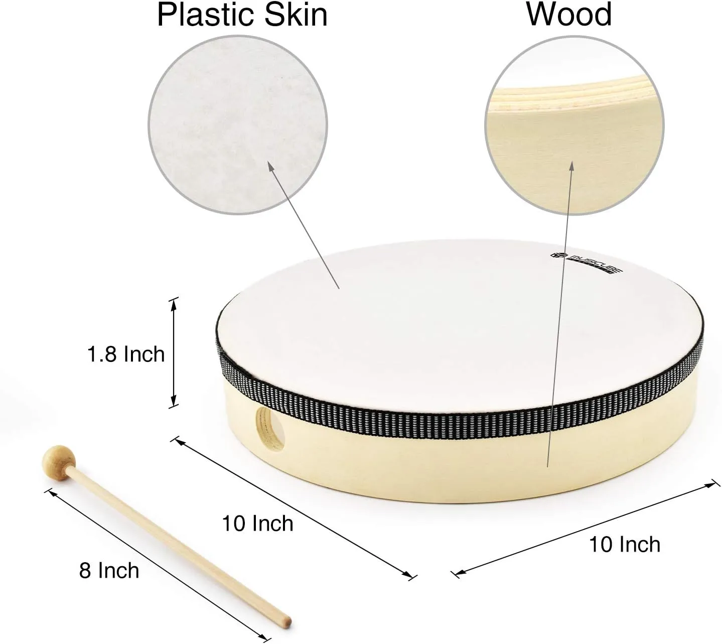 MUSICUBE 10-Inch Hand Drum for Adult Kids Natural Wooden Hand Drum Educational Hand-Held Percussion Instrument Toys for Home School Party Supplies Mallet Included