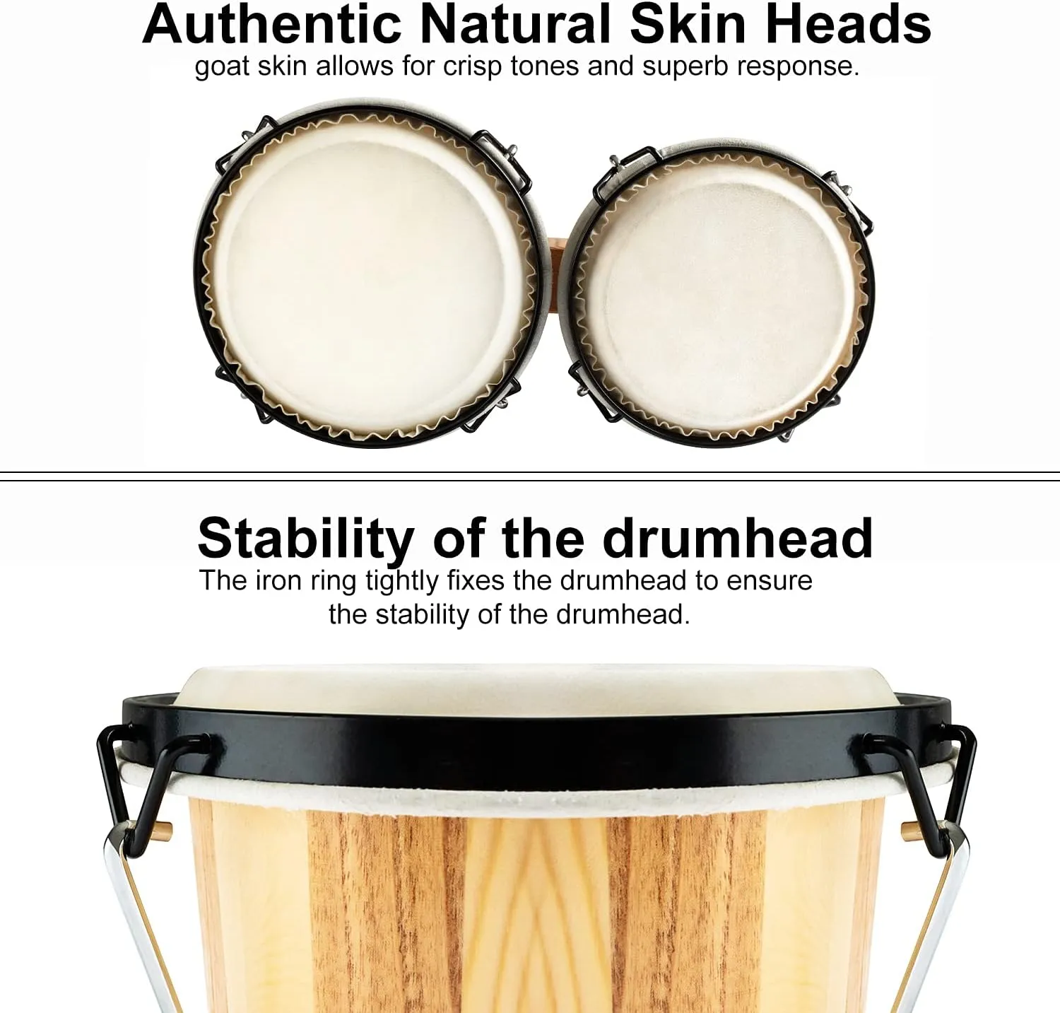 MUSICUBE Bongo Drums for Kids Adults Professional 6” and 7” Tunable Hand-Crafted Bongo Drum Percussion Instrument with Tuning Wrench and Storage Bag (Natural Skin)