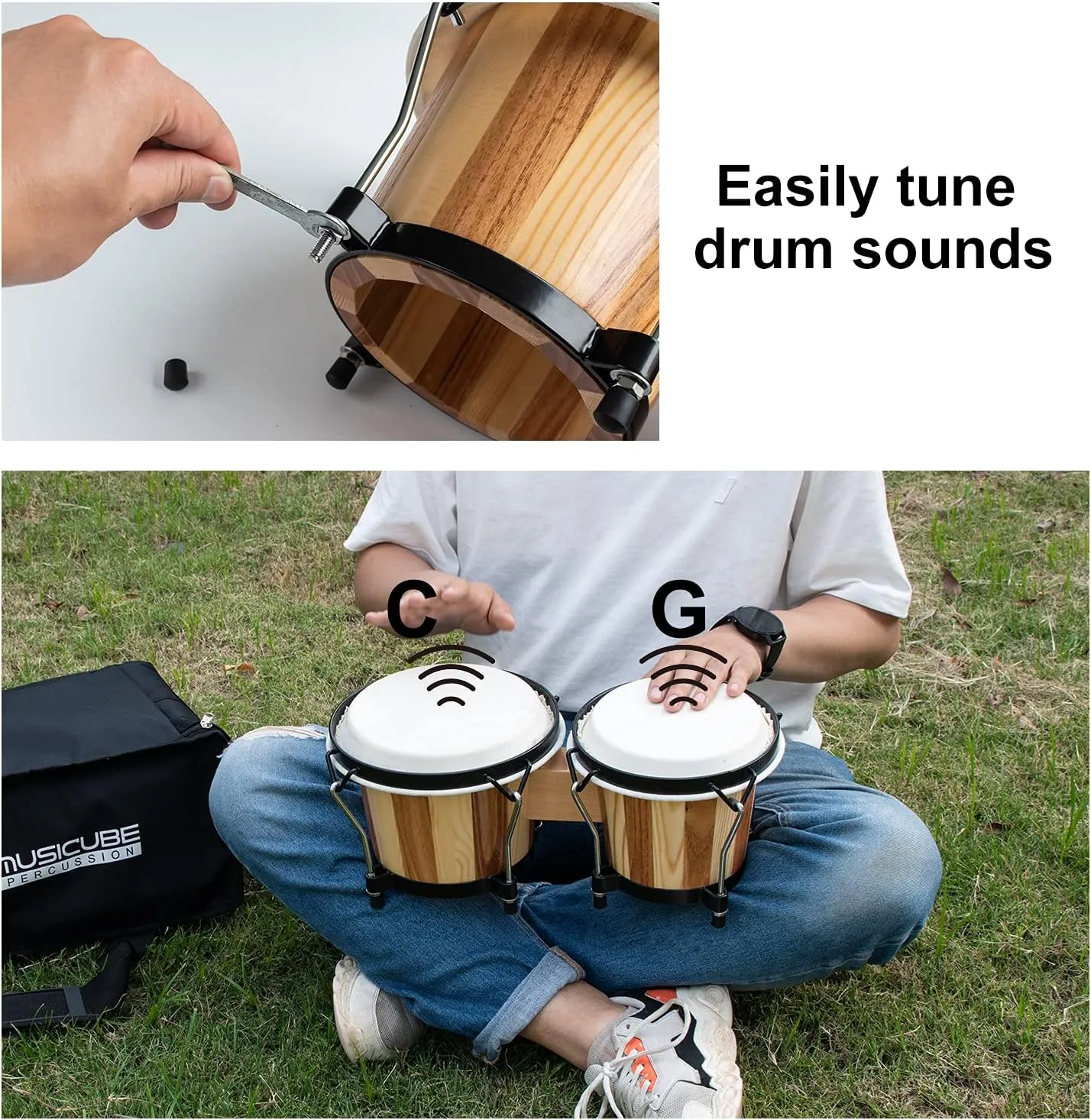 MUSICUBE Bongo Drums for Kids Adults Professional 6” and 7” Tunable Hand-Crafted Bongo Drum Percussion Instrument with Tuning Wrench and Storage Bag (Natural Skin)