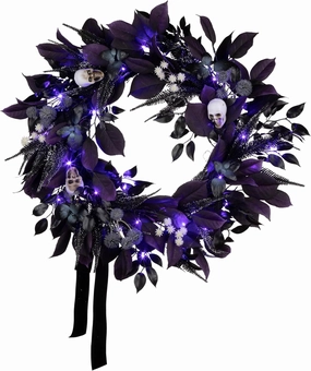 National Tree Company, 26inch Artificial Floral Mini Skull Wreath, 30 Purple LED Lights, Battery Operated