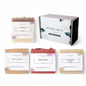 Natural Amor Organic Handmade Soap Bar Set (4 Pack), Made with Natural Ingredients, Cold Process Soap, Soap Gift Set for Women