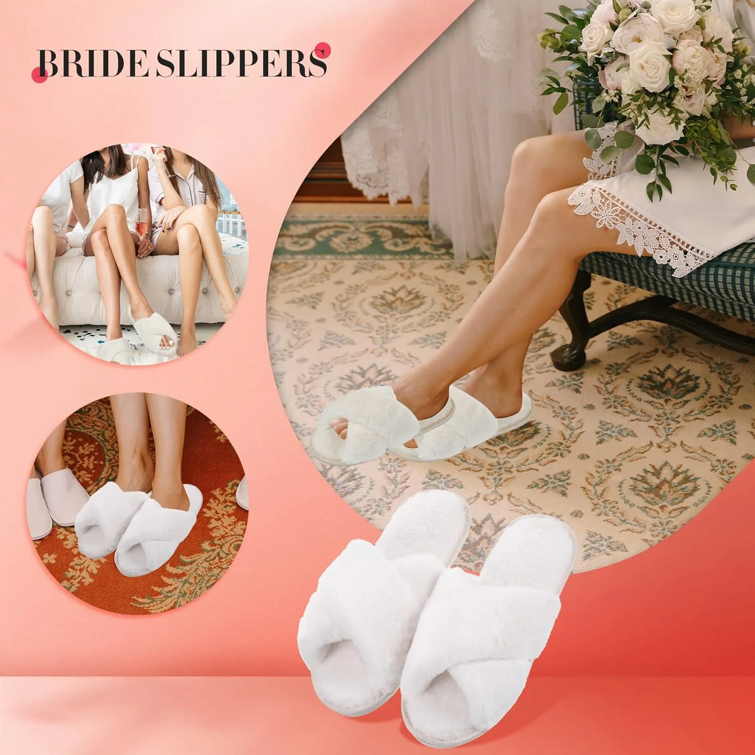 Newcotte 2 Pairs Women's Fuzzy Slippers Cross Band Fluffy Plush Cozy Open Toe House Slippers for Bridesmaid Indoor Outdoor