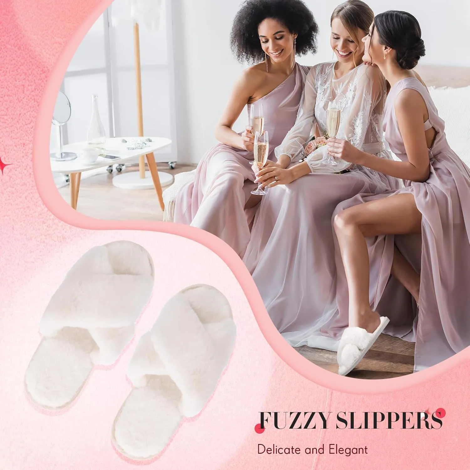Newcotte 2 Pairs Women's Fuzzy Slippers Cross Band Fluffy Plush Cozy Open Toe House Slippers for Bridesmaid Indoor Outdoor