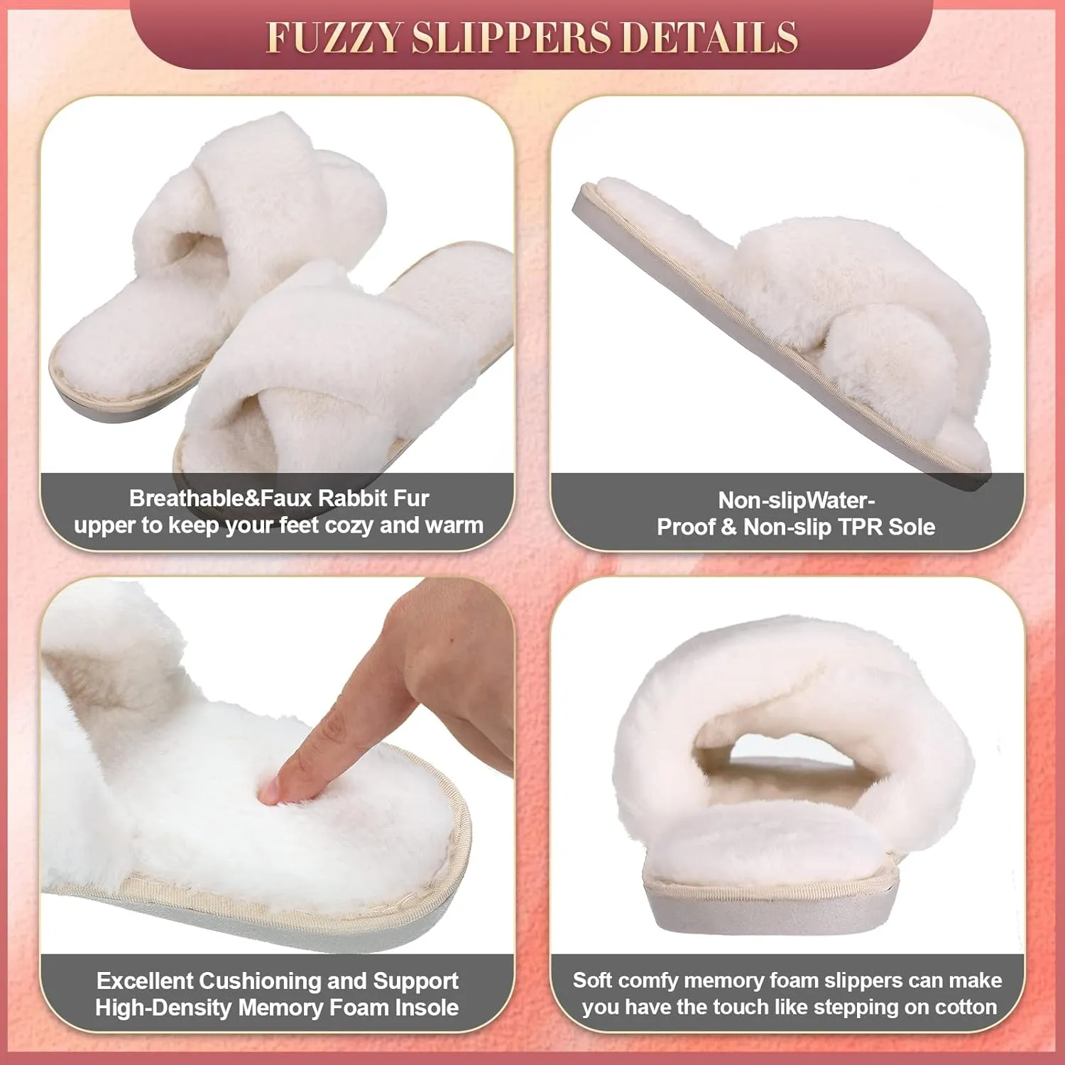 Newcotte 2 Pairs Women's Fuzzy Slippers Cross Band Fluffy Plush Cozy Open Toe House Slippers for Bridesmaid Indoor Outdoor